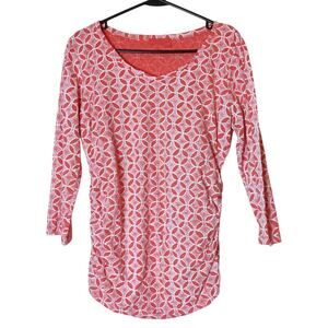 Fresh Produce Coral Pink Geometric 3/4 Sleeve Cotton T Shirt Large Ruched Sides